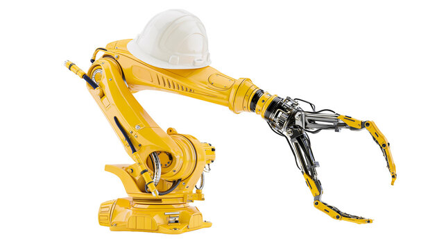 Yellow industrial robotic arm with a white hard hat and mechanical gripper claw