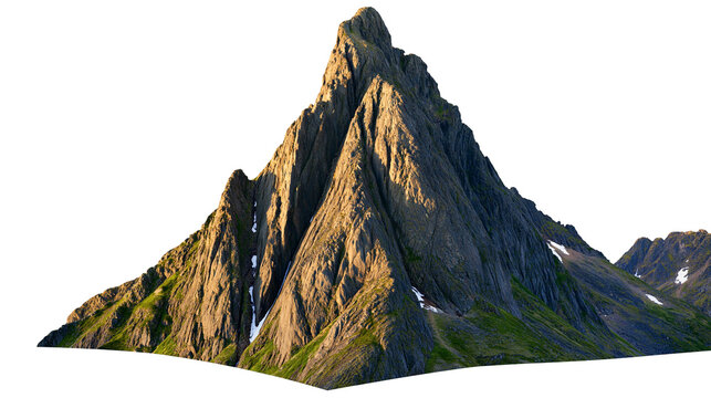 Jagged rocky mountain peak with sunlit slopes and patches of snow