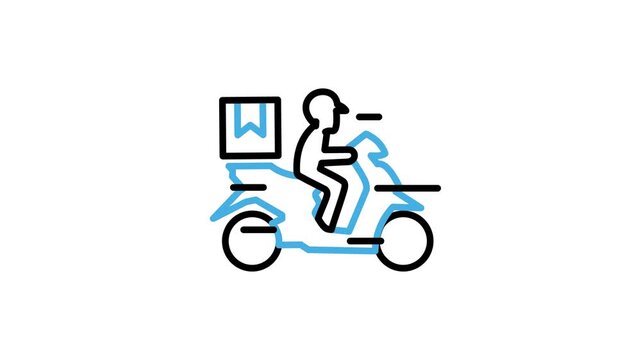 Animated package delivery by motorcycle icon. Fast shipping man riding motorbike, shipment distribution, tracking package, express delivery animation video. Motion graphics with alpha channel