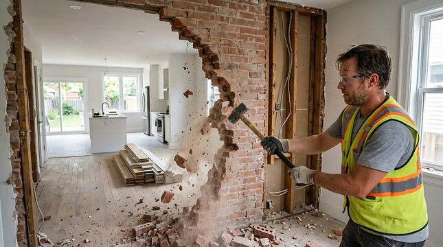 Construction worker demolishing brick wall indoors.