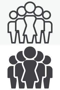 Group of people icon in line, outline and solid styles. Crowd team icon with central female figure, editable stroke vector sign and symbol for community and workforce.
