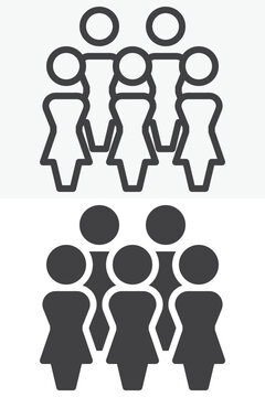 Group of women icon in line, outline and solid styles. Female crowd icon with five figures, editable stroke vector sign and symbol for community, team and social network.