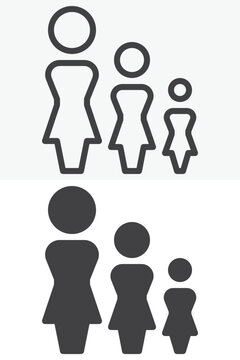 Women group icon in line, outline and solid styles. Three female figures in descending sizes icon with editable stroke vector sign and symbol for family and community.