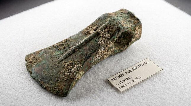 Bronze age axe head artifact resting on white surface with a museum label beside it showing historical information about the ancient metal tool discovery from an archaeological excavation