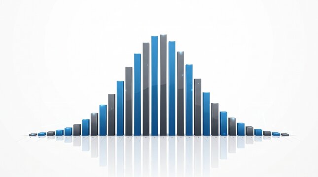 Abstract normal distribution bell curve with 3D blue and grey bar charts on white background