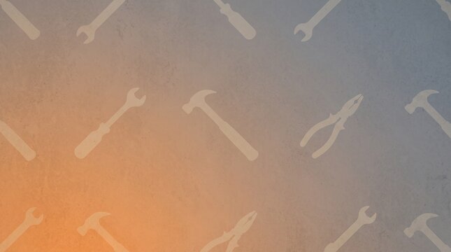 Hand tools pattern on textured background. Hammer wrench screwdriver and pliers icons on a gray and orange gradient surface for construction