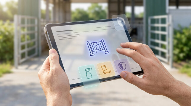 Smart farming technology concept with farmer hands using a tablet app for digital barn management and livestock biosecurity monitoring system.