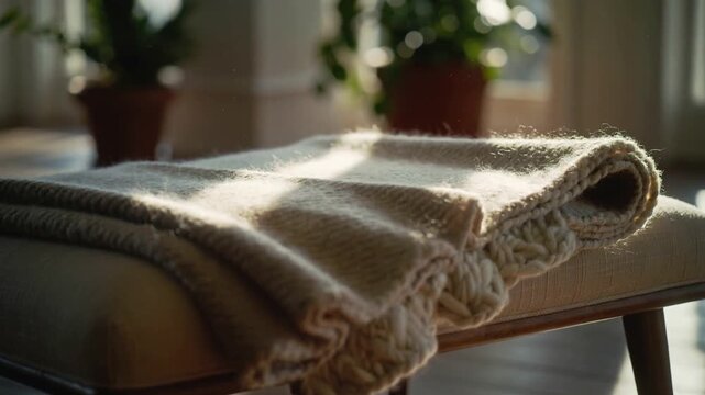 Showing folded chunky knit blanket on bench catching warm sun in sunroom, revealing braided knit