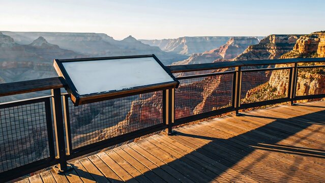 Scenic canyon overlook with interpretive information panel, wooden observation deck, and mountain landscape