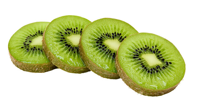 Fresh vibrant green kiwi fruit slices with black seeds and fuzzy brown skin