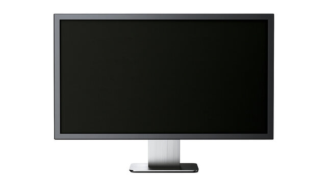 Modern wide screen computer monitor with black display and metallic silver stand