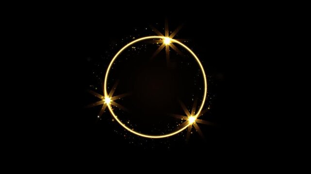 Golden glowing ring of light in dark space with sparks