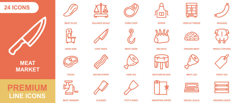 Meat market icon set featuring outline of butcher tools, cuts of meat, and equipment on a white and orange background