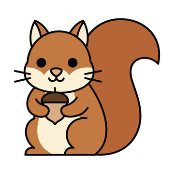 Minimalist stylized squirrel sitting upright with flat color blocks and smooth outlines isolated on white background, cute wildlife character design