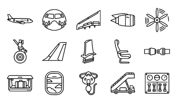 Aircraft Parts and Aviation Technology Outline Icon Set with Engine Wing Cockpit and Cabin Elements