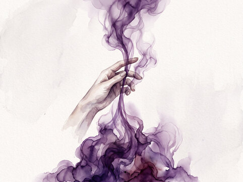 Human hand reaching into a swirling cloud of purple mystical smoke to grasp intangible wisps of mystery and ethereal energy floating within a dreamlike atmosphere of artistic creative imagination