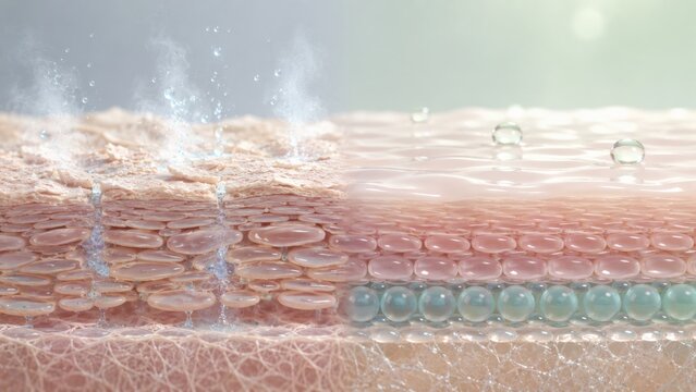 Cross section diagram of dry versus hydrated skin cells with moisture droplets and deep absorption.