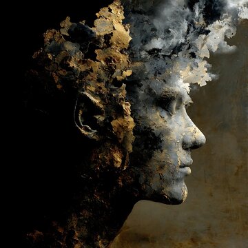 A surreal profile of a human face dissolving into textured fragments and smoke, blending earth tones with dark shadows in an artistic, abstract style.