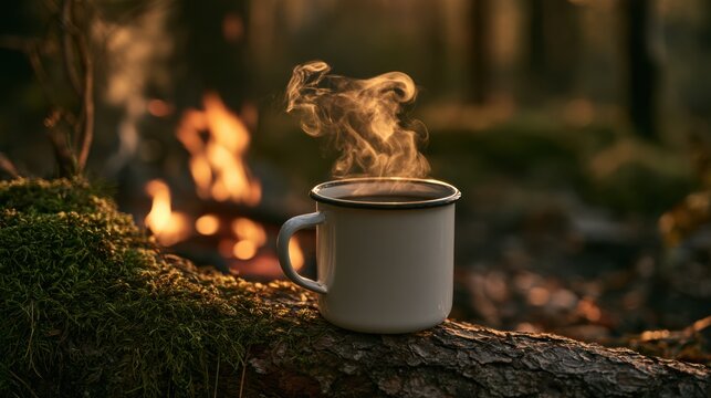 A steaming enamel mug of coffee sits on a mossy log beside a glowing campfire, embodying a cozy camping experience.