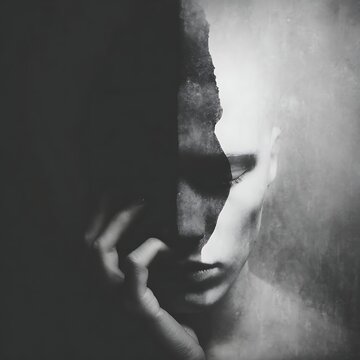 A black and white artistic portrait showing a contemplative face partly concealed in shadows, evoking mystery and introspection.