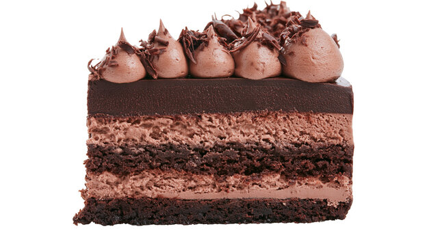Rich layered chocolate cake slice with ganache topping and mousse filling