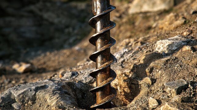 Giant steel auger drilling into soil at a construction site, emphasising deep foundation work and engineering precision.