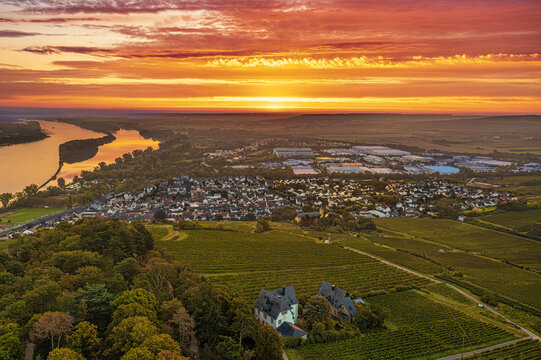 Aerial view from Rochusberg down into the Rhine Valley near Bingen at a breathtaking sunrise