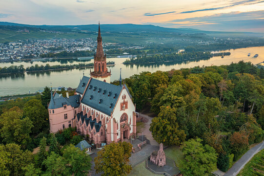 Aerial view of the Rochus Chapel near Bingen at a breathtaking sunrise