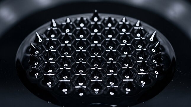 Ferrofluid liquid forming spikes and geometric shapes under magnetic field influence in a close up scientific demonstration of physics principles with dark reflective surface textures