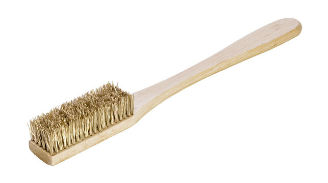 Handheld wire brush with wooden handle and brass bristles for cleaning surfaces