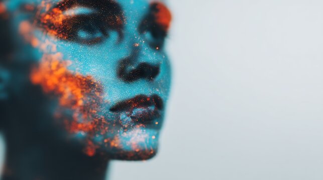 A close-up portrait of a face covered in vibrant blue and orange glitter, creating a striking and artistic visual effect.
