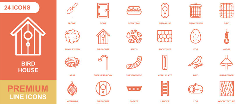 Set of 24 orange line icons featuring birdhouses, garden tools, seeds, and nature on a white and orange background