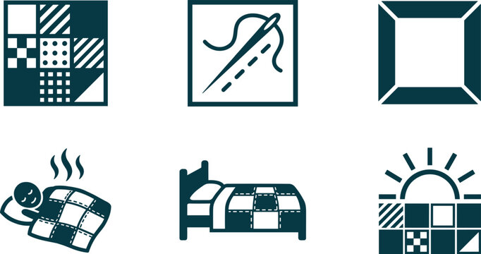 Set of icons related to quilting, sewing, and bedding, featuring patchwork patterns, a needle and thread, and a cozy bed