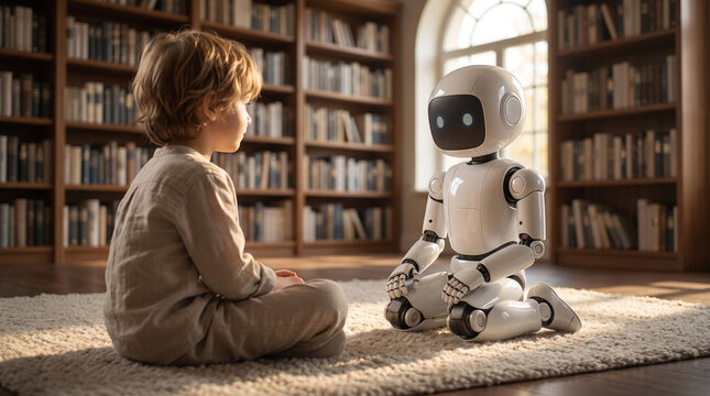 Future of education concept showing young child interacting with smart humanoid robot sitting on rug in home library