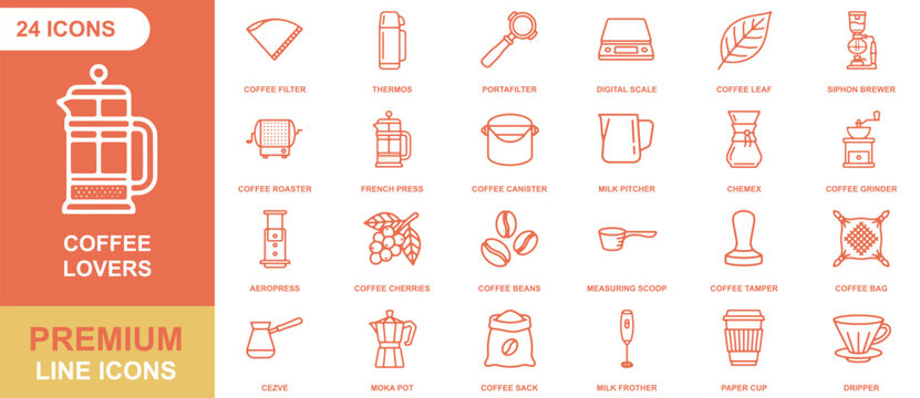 Set of 24 orange line icons featuring coffee brewing equipment, accessories, and beans, arranged in a grid with text labels on a white background