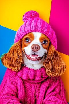 A dog wearing a pink hat and scarf