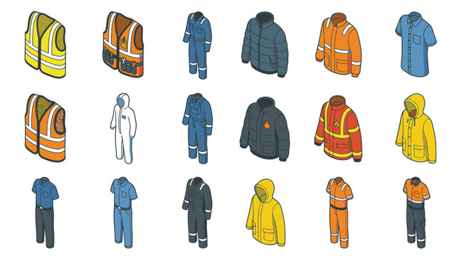 Collection of colorful workwear and safety clothing illustrations.