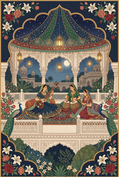 Mughal Music wedding invitation card design, women playing sitar tabla, peacocks, starry canopy, marble 4k

