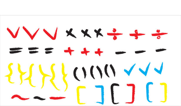 Hand Drawn Colorful Math Symbols and Check Marks Isolated on White 