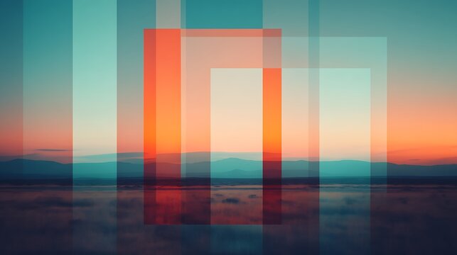 A surreal landscape with mountain ranges at sunset, overlaid with semi-transparent red and blue rectangles creating a layered visual effect.