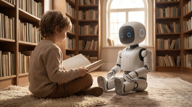 Innovative artificial intelligence tutoring concept featuring young boy reading educational book alongside smart companion robot