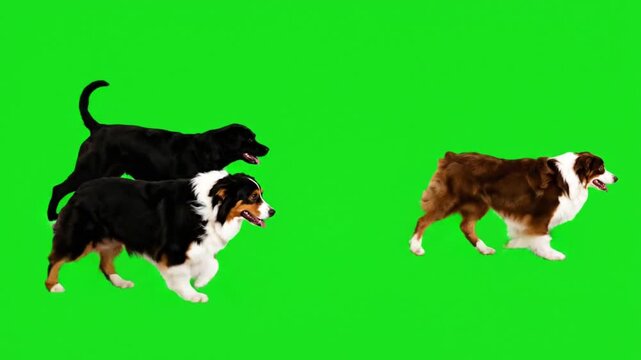 Multiple dogs walking and running together on a green screen chroma key background