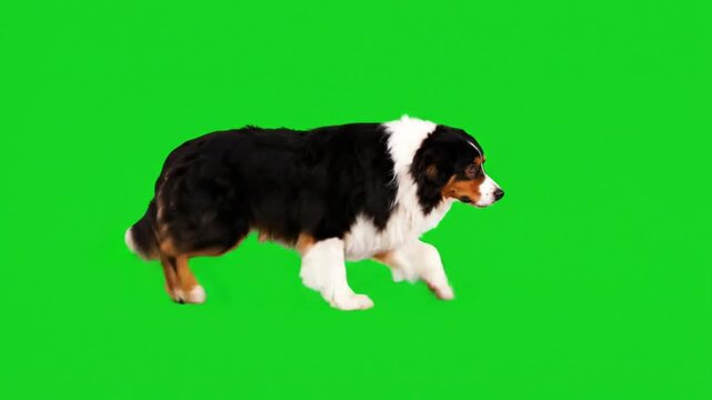 Australian shepherd dog walking across the screen on a green screen chroma key background