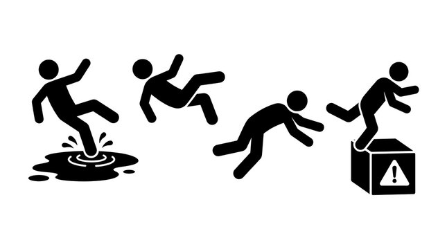 Set of falling person icons showing slip trip and fall hazard warning signs