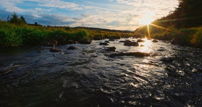Crystal clear mountain stream flowing gently through a peaceful natural landscape at golden sunset with authentic sounds of water. Tranquil static nature scene ideal for relaxation and meditation.