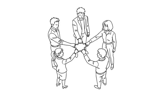 Business teamwork unity five hands star continuous line vector illustration