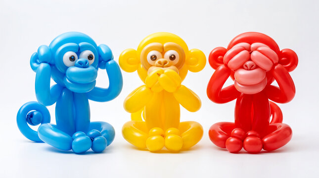 cartoon of happy wise three monkey made with colorful balloon, showing no evil hear, no evil speak, no evil see, for Gandhi Jayanti (Birthday of mahatma Gandhi), wisdom, peace, fun related concept, 