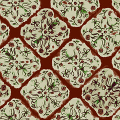 Seamless vintage floral pattern featuring stylized flowers and leaves arranged in diamondshaped frames on a deep rustred background with a textured effect © Creativezone