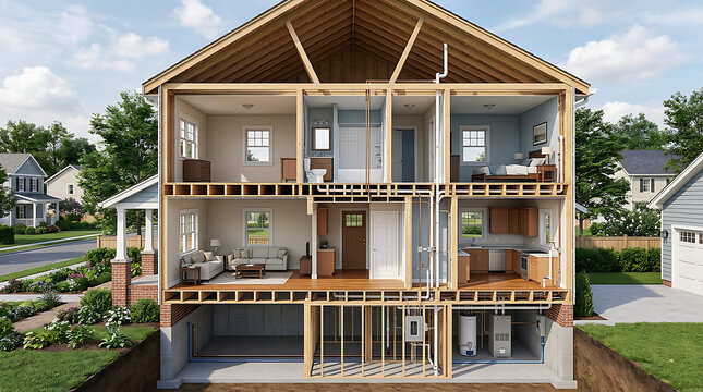 Modern wooden house interior cross section view.