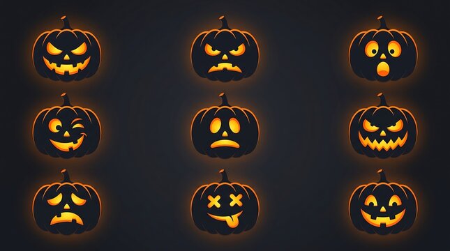 Halloween jack-o-lantern pumpkin faces set, glowing orange carved pumpkin icons on black background, spooky holiday emoji collection